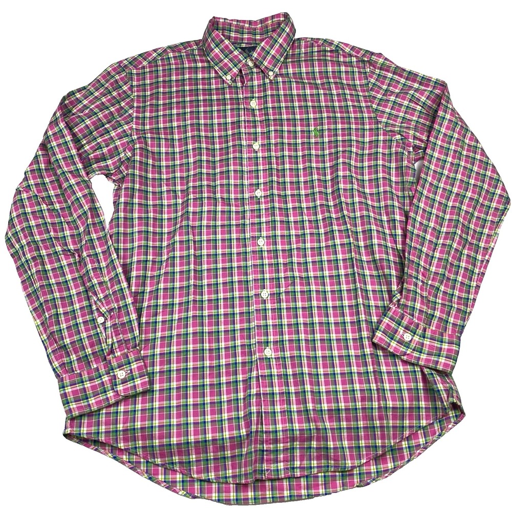 Ralph Lauren Shirt Men's Medium Pink Green Plaid Button Down Cotton Preppy